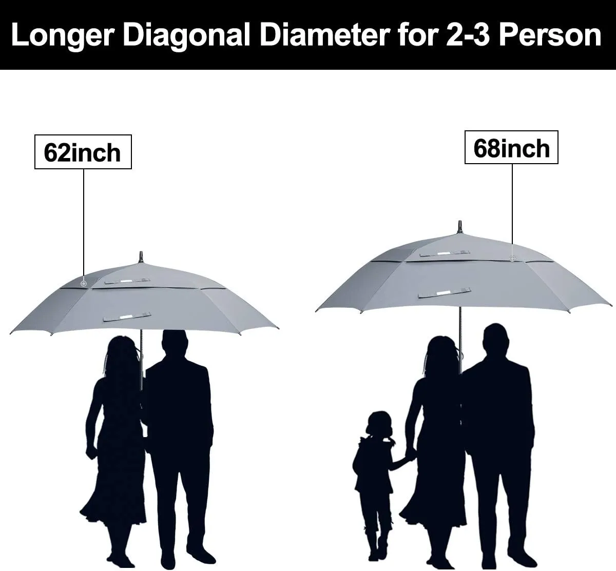 G4Free Extra Large Golf Umbrella 62/68 inch Square Vented Windproof Auto Open Double Canopy Oversized Stick Umbrella