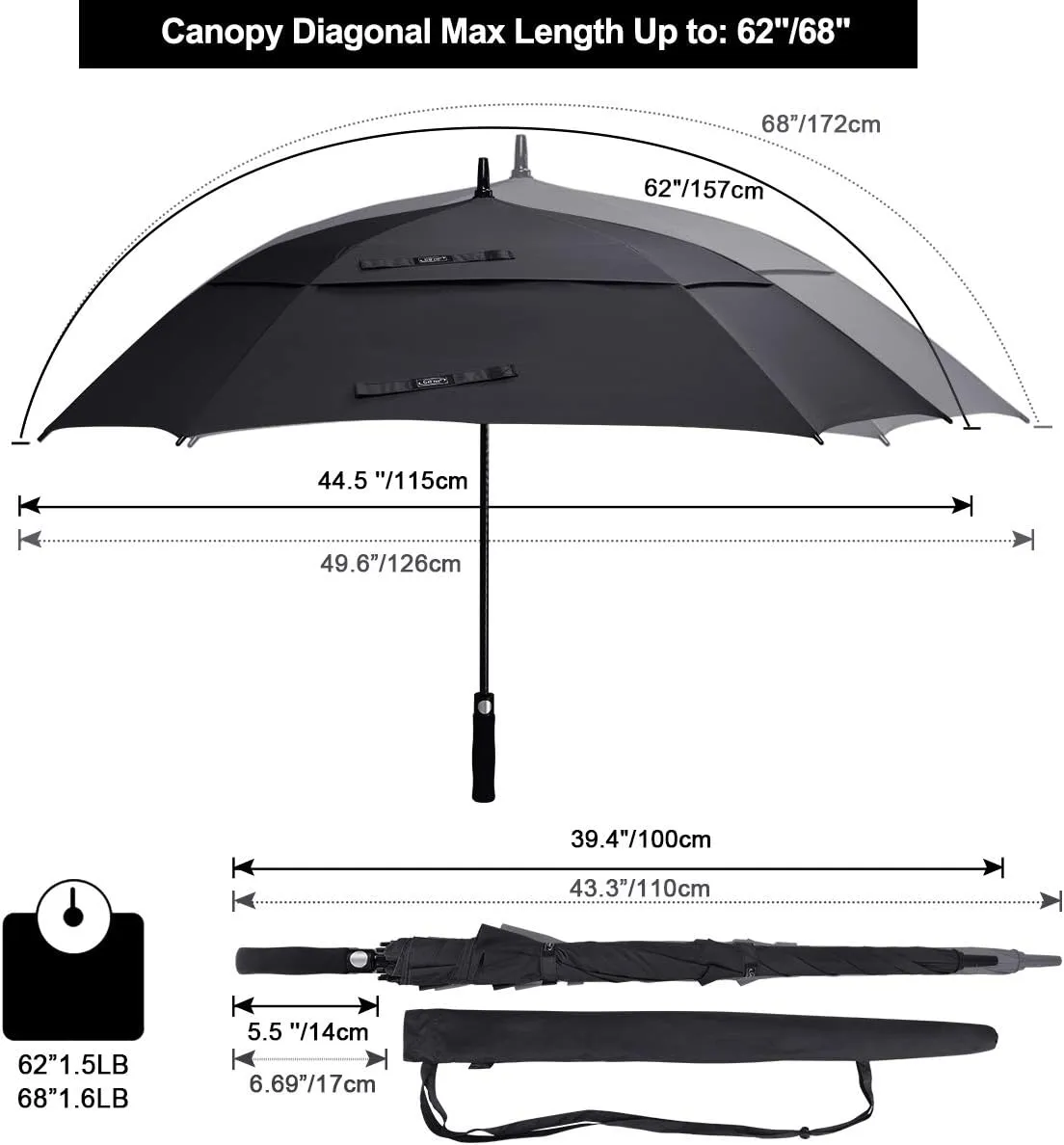 G4Free Extra Large Golf Umbrella 62/68 inch Square Vented Windproof Auto Open Double Canopy Oversized Stick Umbrella