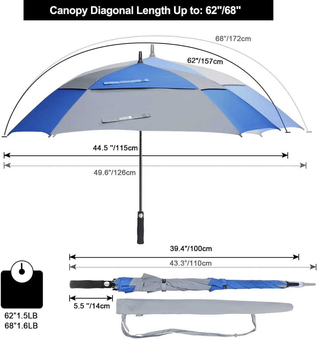 G4Free Extra Large Golf Umbrella 62/68 inch Square Vented Windproof Auto Open Double Canopy Oversized Stick Umbrella