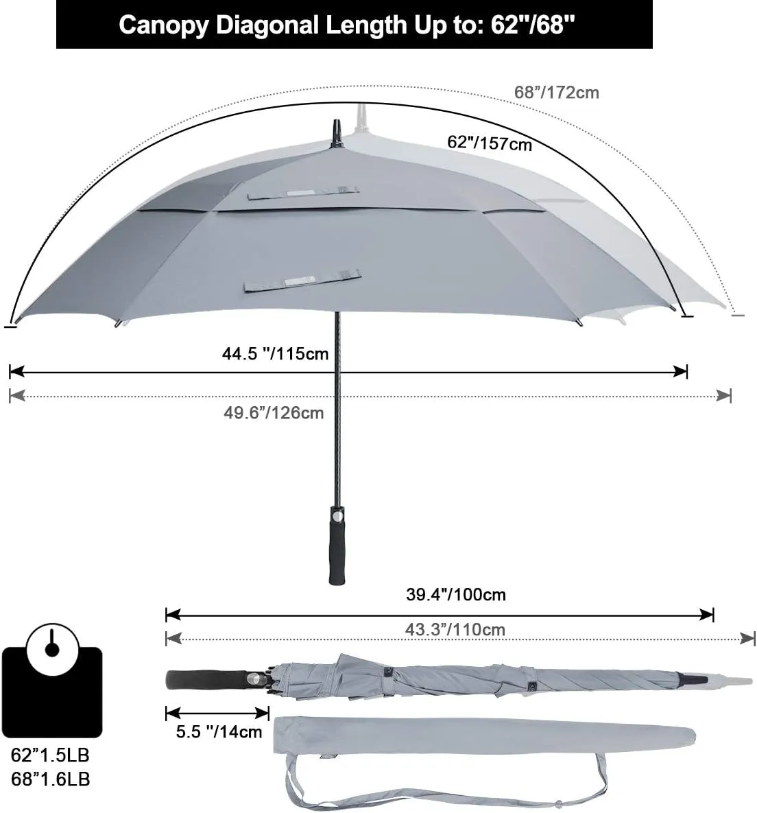 G4Free Extra Large Golf Umbrella 62/68 inch Square Vented Windproof Auto Open Double Canopy Oversized Stick Umbrella