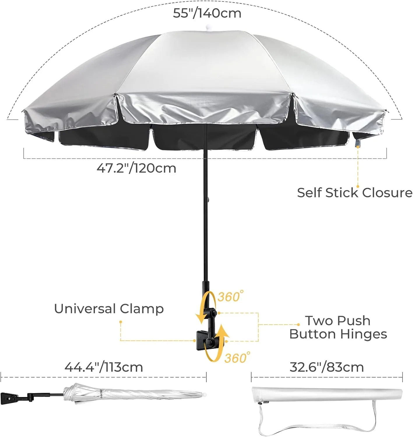 G4Free UPF 50  Universal Clamp On Umbrella Adjustable Outdoor UV Protection Beach Chair Umbrella for Strollers, Wheelchairs, Patio Chairs, and Golf Carts