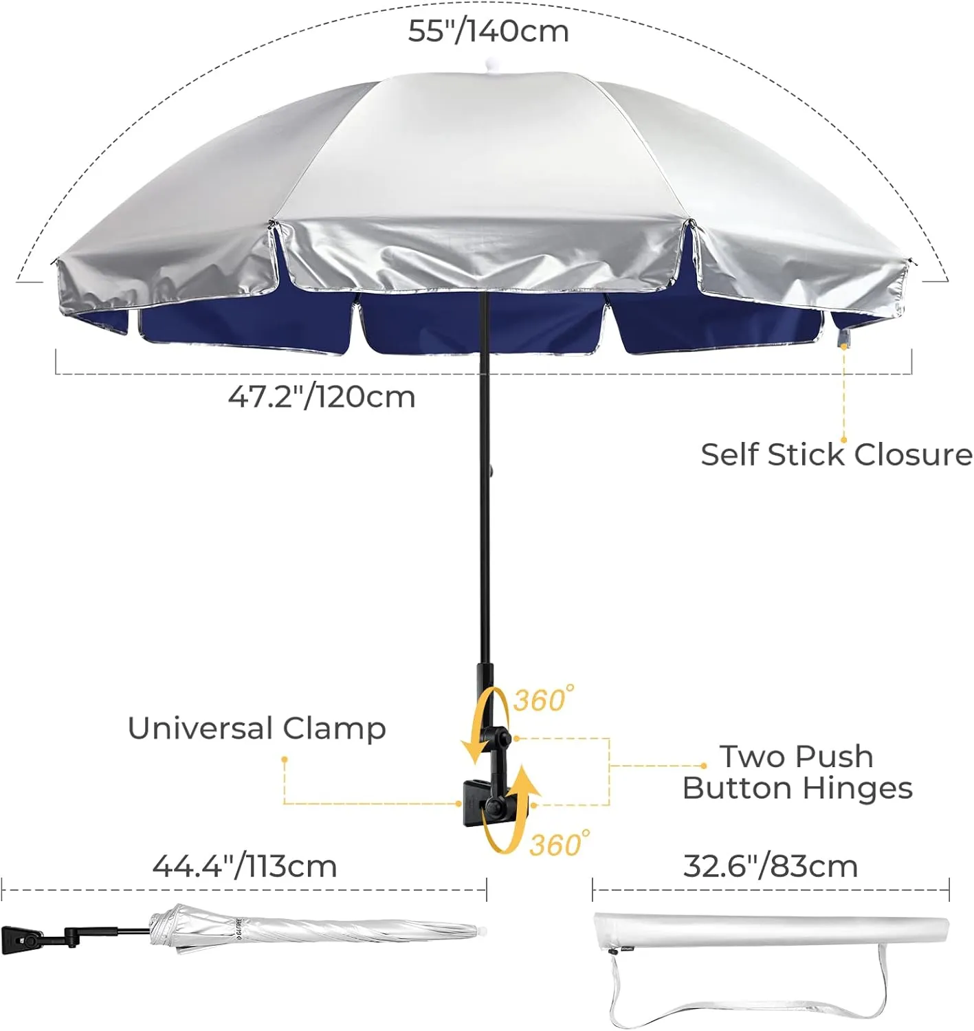 G4Free UPF 50  Universal Clamp On Umbrella Adjustable Outdoor UV Protection Beach Chair Umbrella for Strollers, Wheelchairs, Patio Chairs, and Golf Carts