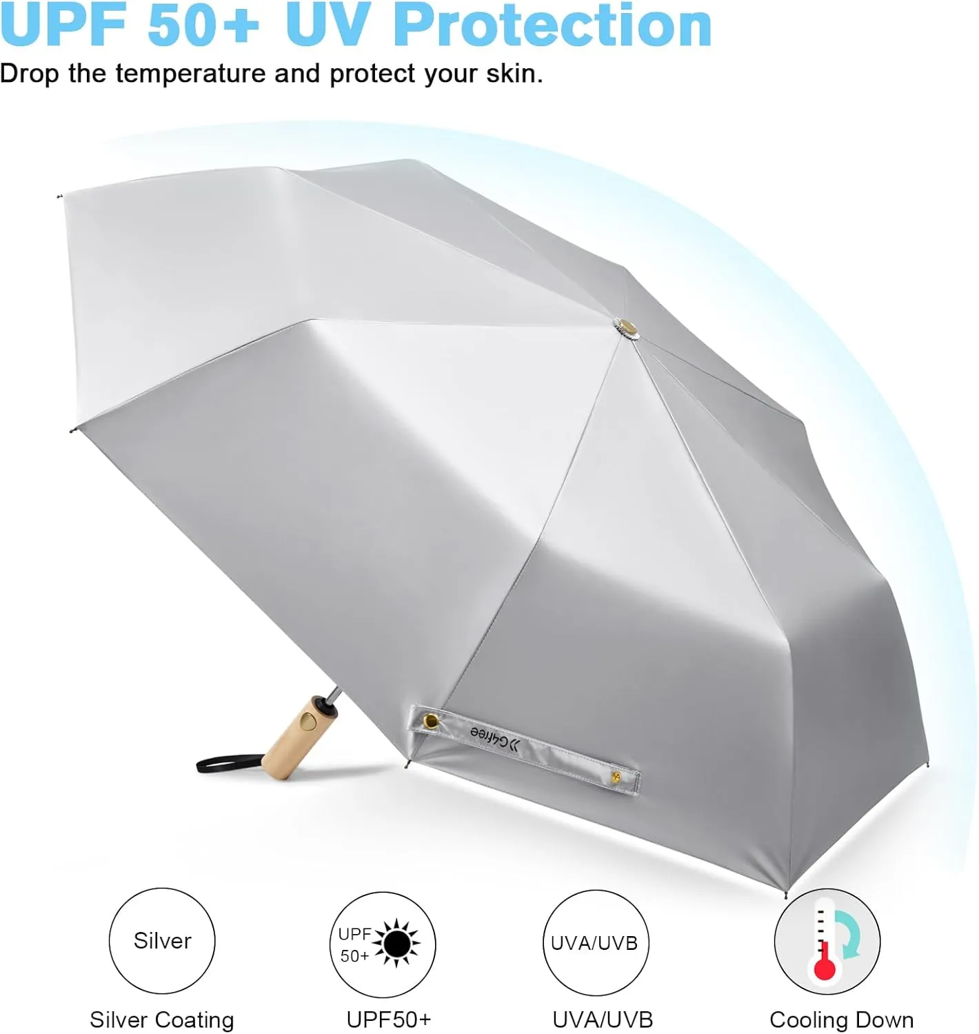 G4Free Windproof Travel Umbrella with Large Wooden Handle, UV Sun Protection & Rain Umbrella Automatic Open And Close, Compact 46" Large Canopy with UPF 50 , Lightweight Portable for Walking & Outdoor