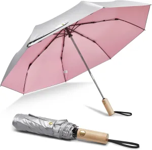 G4Free Windproof Travel Umbrella with Large Wooden Handle, UV Sun Protection & Rain Umbrella Automatic Open And Close, Compact 46" Large Canopy with UPF 50 , Lightweight Portable for Walking & Outdoor
