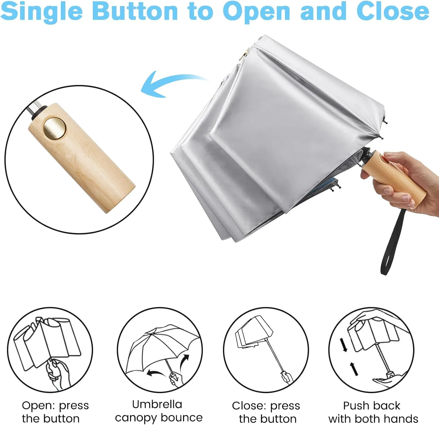 G4Free Windproof Travel Umbrella with Large Wooden Handle, UV Sun Protection & Rain Umbrella Automatic Open And Close, Compact 46" Large Canopy with UPF 50 , Lightweight Portable for Walking & Outdoor