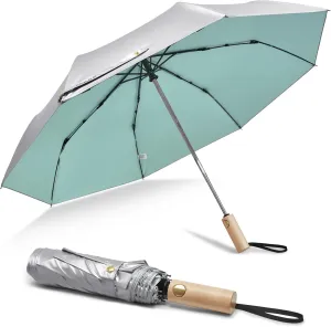 G4Free Windproof Travel Umbrella with Large Wooden Handle, UV Sun Protection & Rain Umbrella Automatic Open And Close, Compact 46" Large Canopy with UPF 50 , Lightweight Portable for Walking & Outdoor