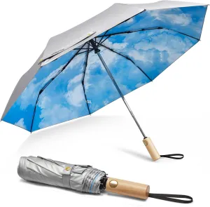 G4Free Windproof Travel Umbrella with Large Wooden Handle, UV Sun Protection & Rain Umbrella Automatic Open And Close, Compact 46" Large Canopy with UPF 50 , Lightweight Portable for Walking & Outdoor