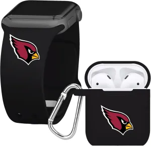 Game Time Arizona Cardinals Silicone Watch Band and Case Cover Combo Package Compatible with Apple Watch and AirPods Battery Case (38/40/41mm Black/Black)