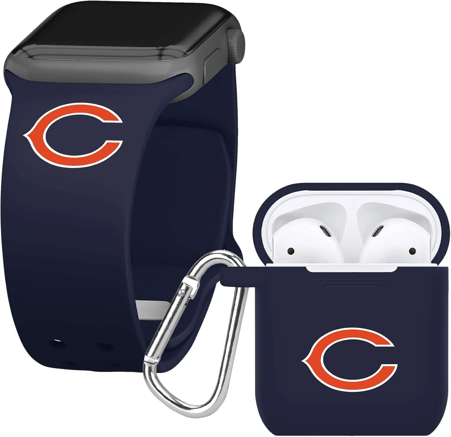 Game Time Chicago Bears Silicone Watch Band and Case Cover Combo Package Compatible with Apple Watch and AirPods Battery Case (42/44/45mm Navy/Navy)