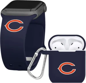 Game Time Chicago Bears Silicone Watch Band and Case Cover Combo Package Compatible with Apple Watch and AirPods Battery Case (42/44/45mm Navy/Navy)