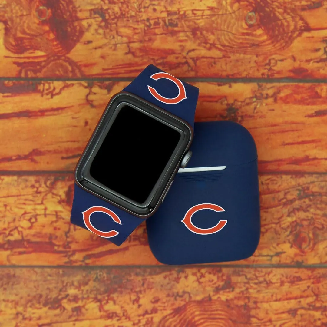 Game Time Chicago Bears Silicone Watch Band and Case Cover Combo Package Compatible with Apple Watch and AirPods Battery Case (42/44/45mm Navy/Navy)