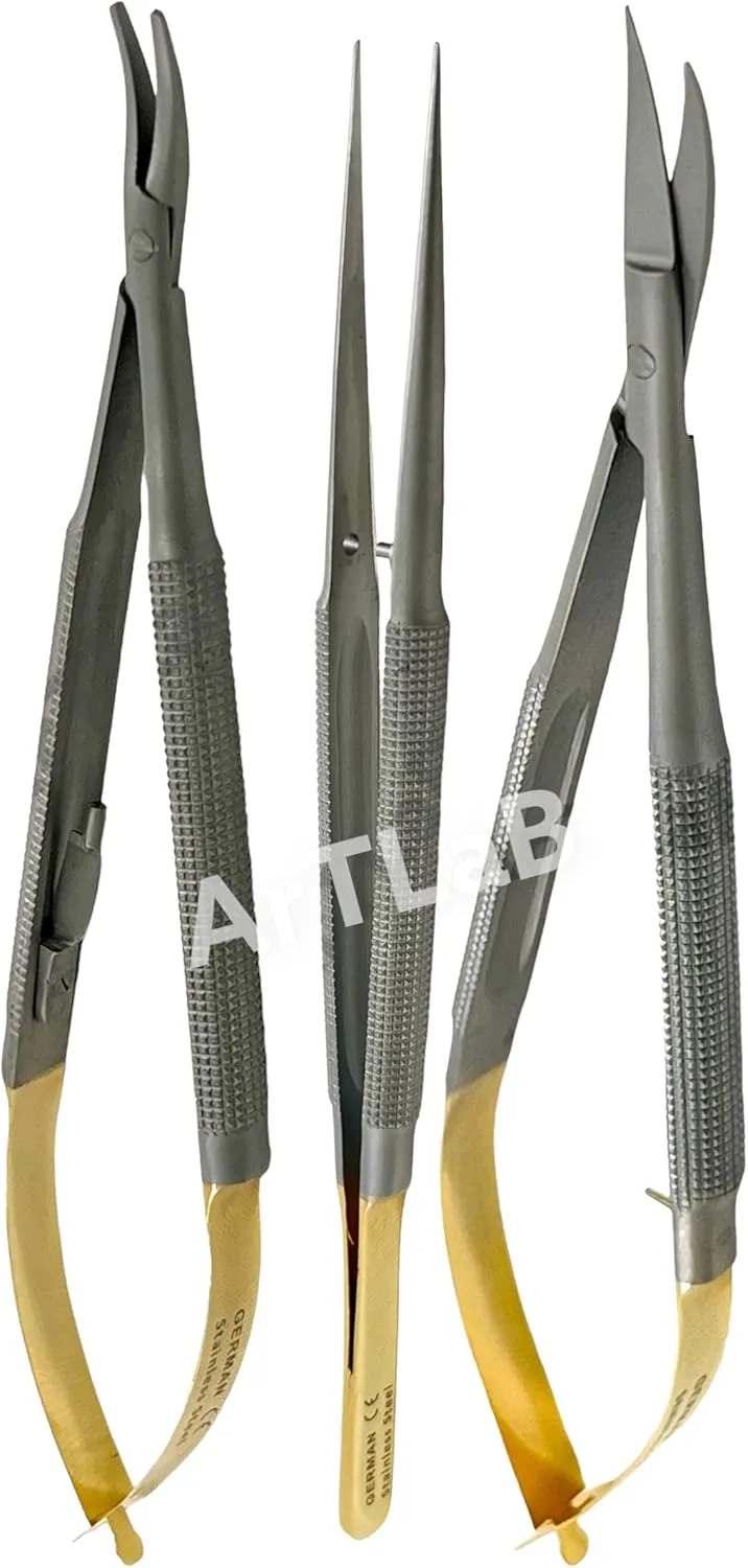 GERMAN STAINLESS TC SET OF 3 Castroviejo Micro Scissors Needle Holder CURVED Plus Forceps Dental EYE GERMAN