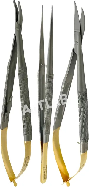 GERMAN STAINLESS TC SET OF 3 Castroviejo Micro Scissors Needle Holder CURVED Plus Forceps Dental EYE GERMAN
