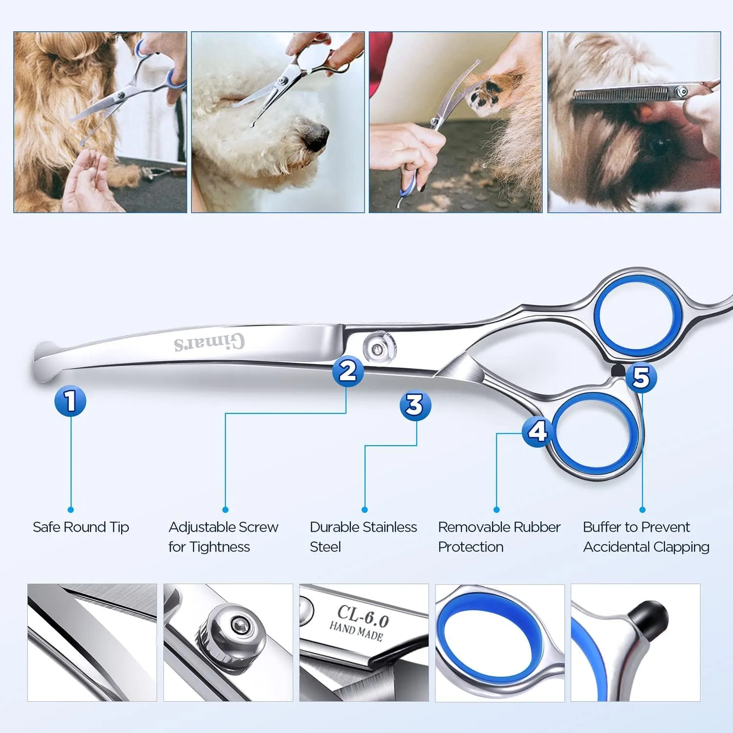 Gimars Titanium Coated Professional 6 in 1 4CR Stainless Steel Dog Grooming Scissors with Safety Round Tip, Heavy Duty Pet Grooming Scissor for Dogs, Cats and Other Animals