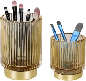 Glass Makeup Brush Holder,Gold Toothbrush Holders,Cute Make Up Brush Cup Holder,Vintage Vanity Makeup Organizer for Bathroom and Desktop (Amber)