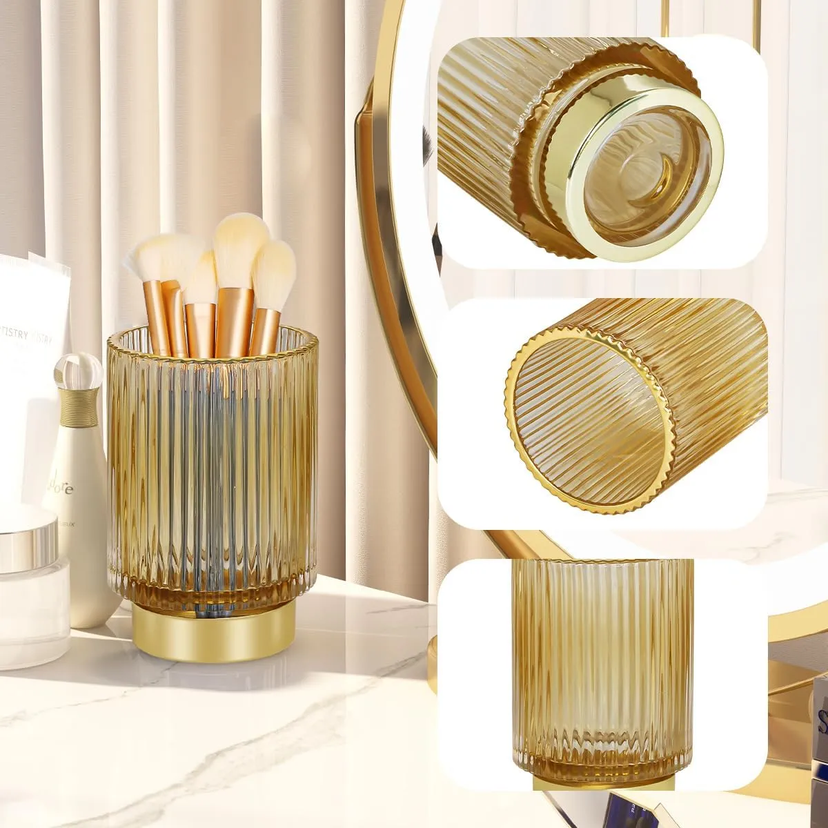 Glass Makeup Brush Holder,Gold Toothbrush Holders,Cute Make Up Brush Cup Holder,Vintage Vanity Makeup Organizer for Bathroom and Desktop (Amber)