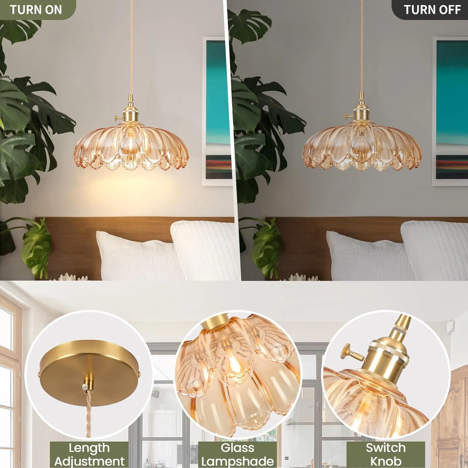Glass Pendant Light Vintage Light Fixtures,Amber Modern Chandelier Pendant,E26 9.8inch Contains one 3000K Bulb,Flower Pendant Lights Kitchen Island for Bedroom Hotel Dining Room 1 Light