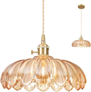 Glass Pendant Light Vintage Light Fixtures,Amber Modern Chandelier Pendant,E26 9.8inch Contains one 3000K Bulb,Flower Pendant Lights Kitchen Island for Bedroom Hotel Dining Room 1 Light
