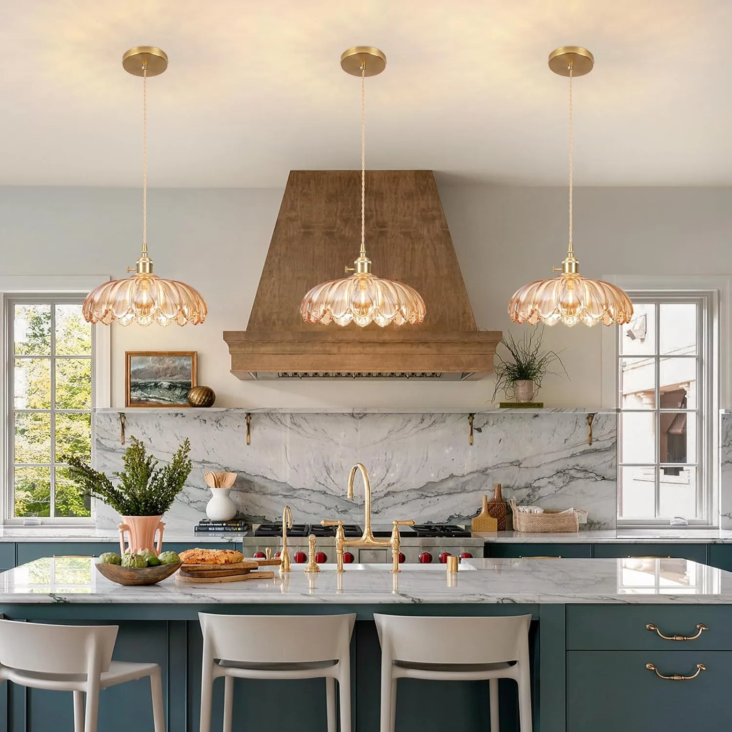 Glass Pendant Light Vintage Light Fixtures,Amber Modern Chandelier Pendant,E26 9.8inch Contains one 3000K Bulb,Flower Pendant Lights Kitchen Island for Bedroom Hotel Dining Room 1 Light