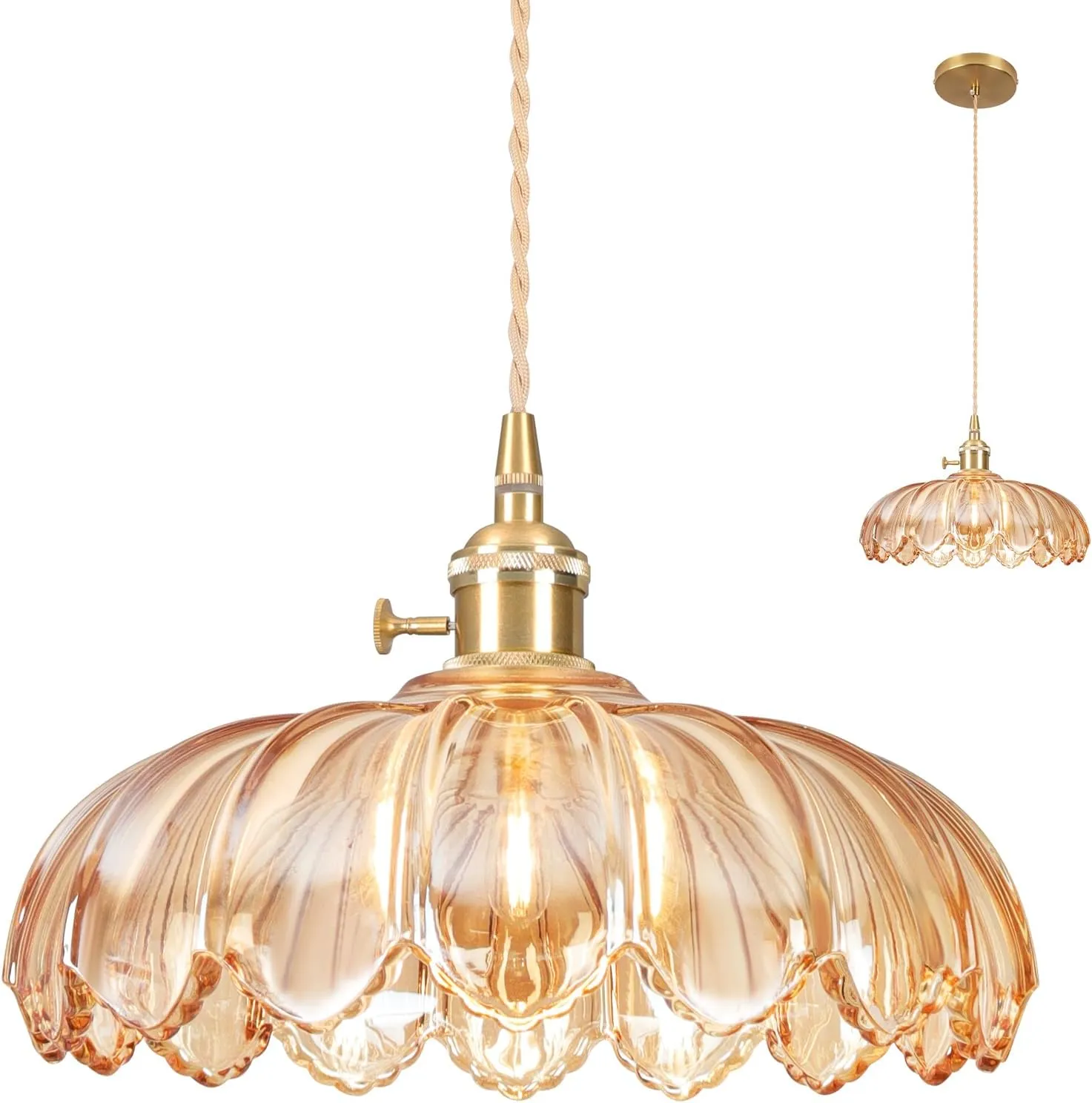 Glass Pendant Light Vintage Light Fixtures,Amber Modern Chandelier Pendant,E26 9.8inch Contains one 3000K Bulb,Flower Pendant Lights Kitchen Island for Bedroom Hotel Dining Room 1 Light