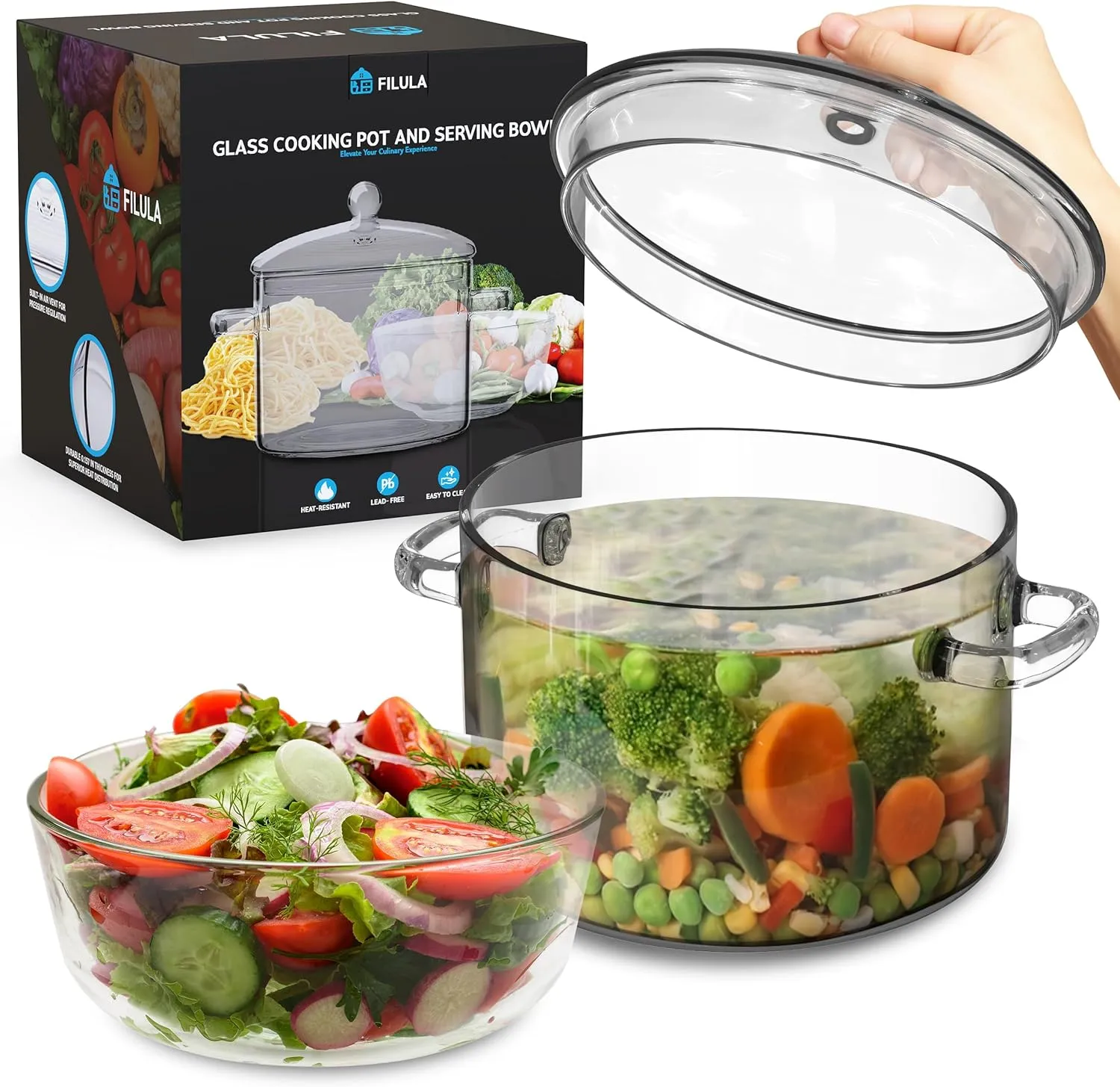 Glass Pots For Cooking on Stove - 1.9L/64oz - Heat-Resistant Glass Cooking Pot with Lid, Microwave and Dishwasher Safe, Glass Saucepan, Simmer Pot - Includes Bowl