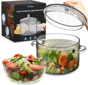 Glass Pots For Cooking on Stove - 1.9L/64oz - Heat-Resistant Glass Cooking Pot with Lid, Microwave and Dishwasher Safe, Glass Saucepan, Simmer Pot - Includes Bowl