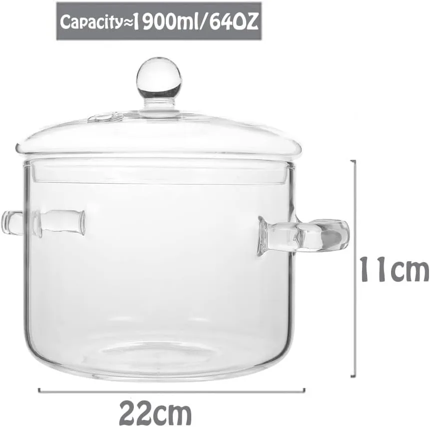 Glass Saucepan with Cover, 64 oz Stovetop Cooking Pot with Lid and Handle Simmer Pot Clear Soup Pot, High Borosilicate Glass Cookware