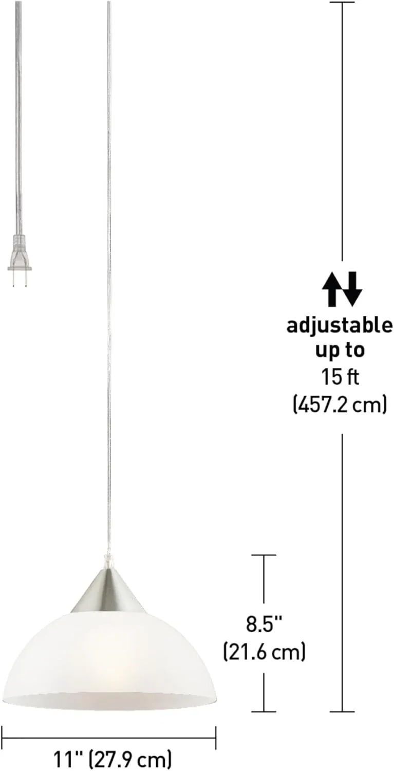 GLOBE Electric 64413 1-Light Plug-in Pendant, Brushed Steel, Frosted White Shade, 15ft Clear Cord, in-Line On/Off Switch, E26 Base Socket, Kitchen Island, Café, Hanging Light, Bulb Not Included