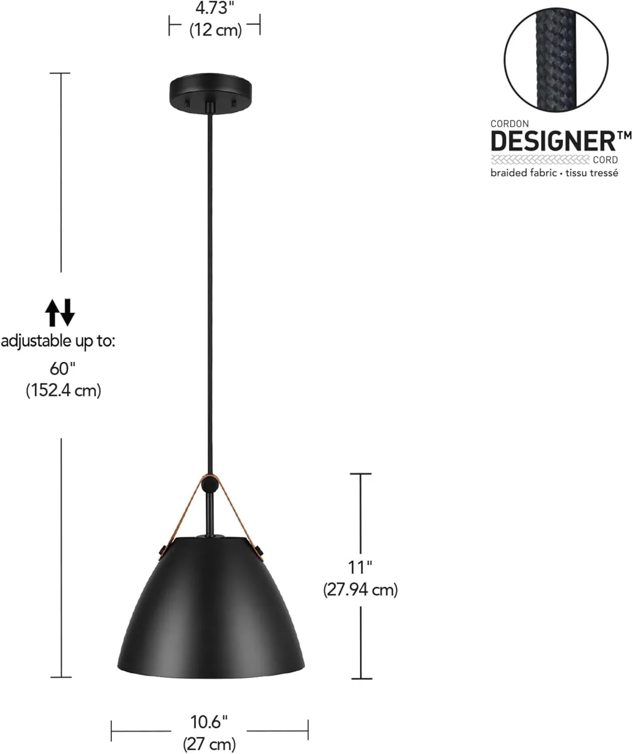 Globe Electric 67000099 1-Light Pendant Light, Matte Black, Faux Leather Strap, Black Braided Fabric Designer Cord, Black Canopy, Pendant Light Fixture, Adjustable Height, Home Décor Lighting