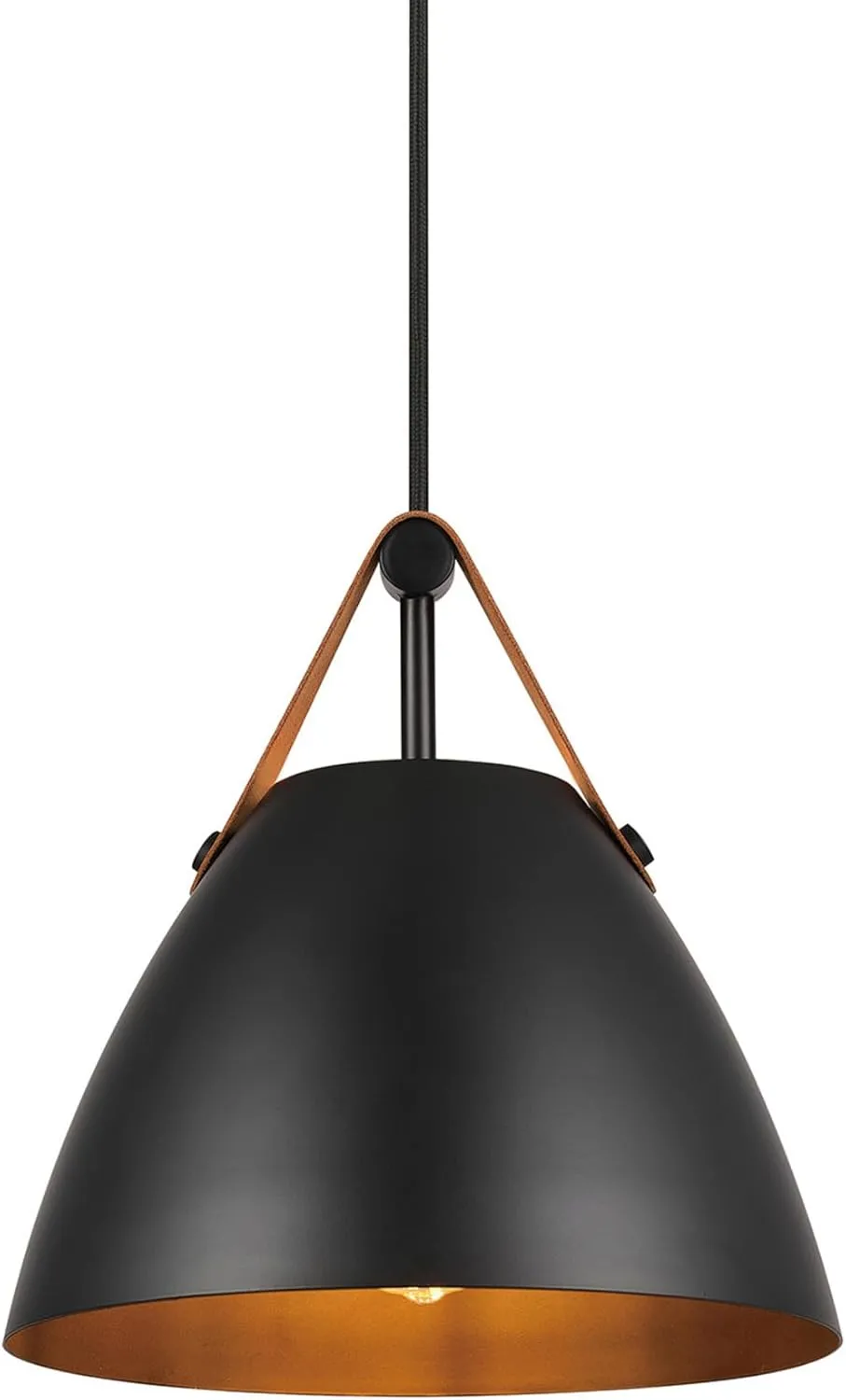 Globe Electric 67000099 1-Light Pendant Light, Matte Black, Faux Leather Strap, Black Braided Fabric Designer Cord, Black Canopy, Pendant Light Fixture, Adjustable Height, Home Décor Lighting