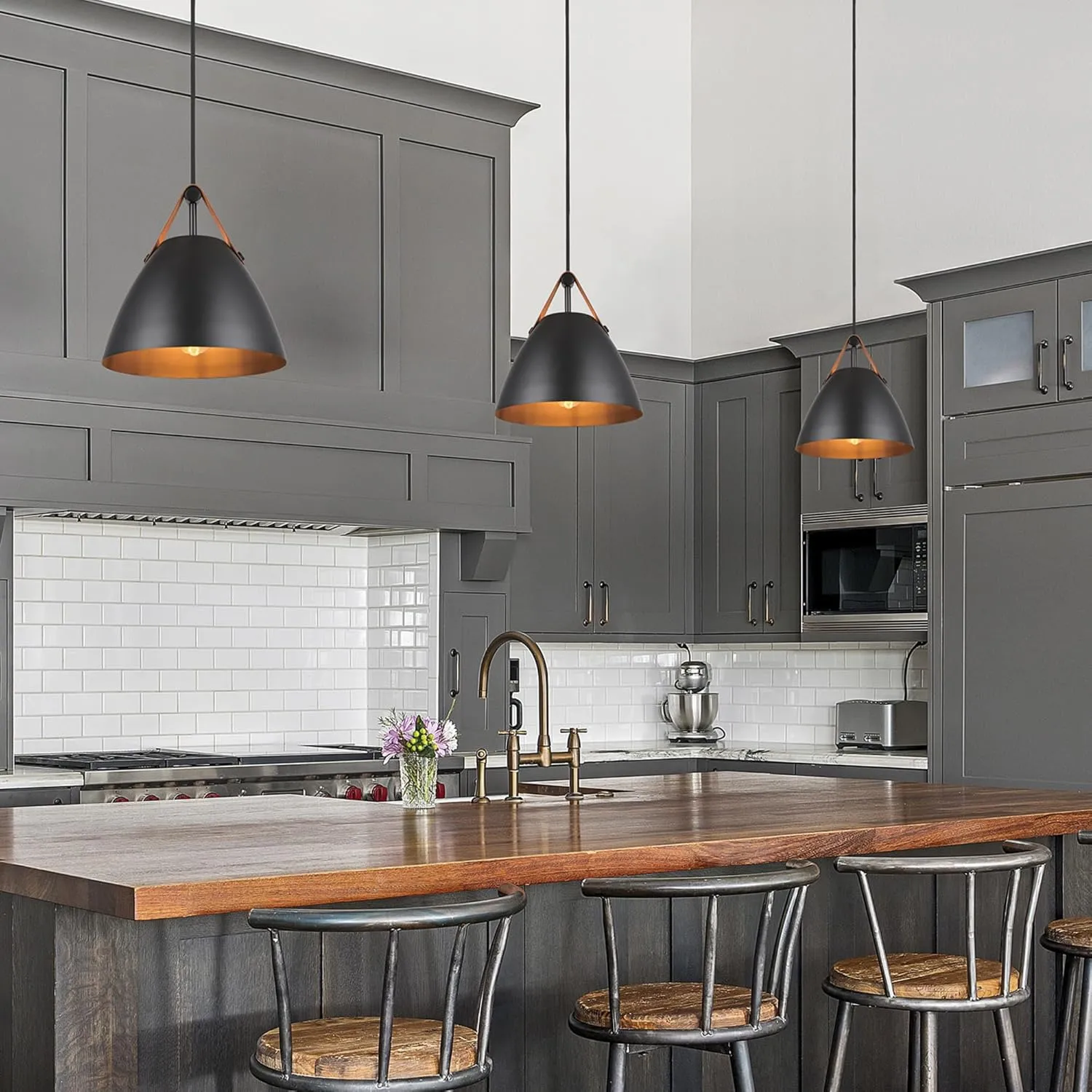 Globe Electric 67000099 1-Light Pendant Light, Matte Black, Faux Leather Strap, Black Braided Fabric Designer Cord, Black Canopy, Pendant Light Fixture, Adjustable Height, Home Décor Lighting