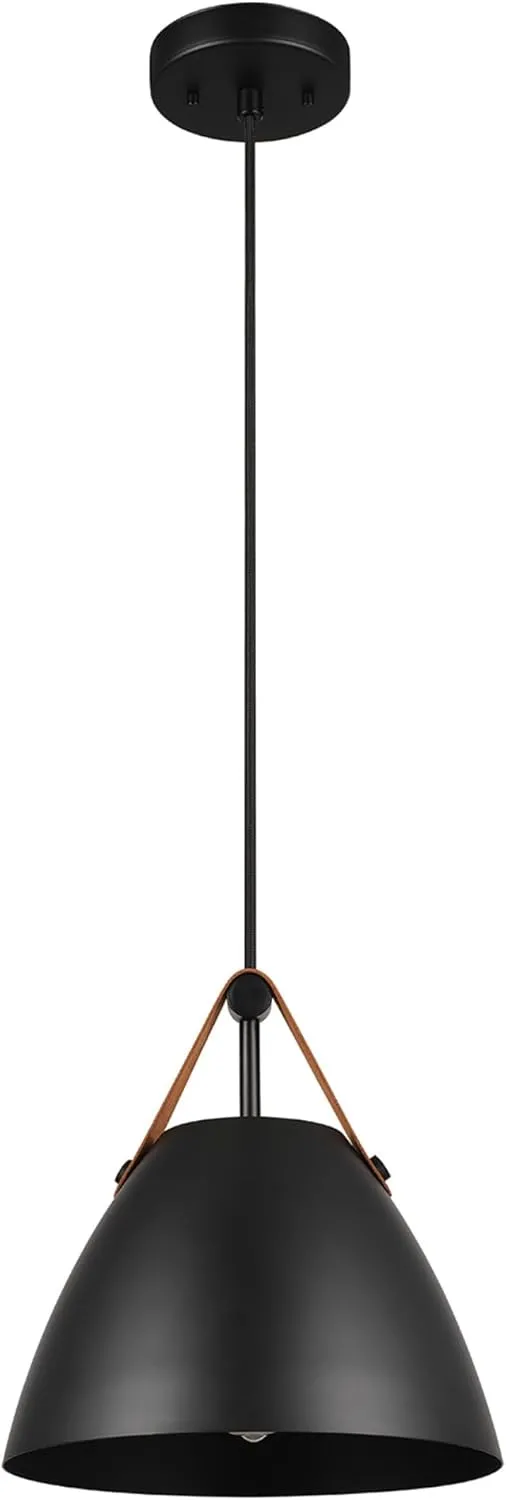 Globe Electric 67000099 1-Light Pendant Light, Matte Black, Faux Leather Strap, Black Braided Fabric Designer Cord, Black Canopy, Pendant Light Fixture, Adjustable Height, Home Décor Lighting