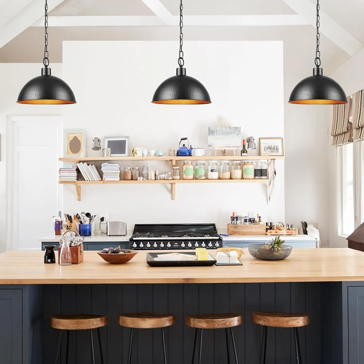 GLOBE Electric 67000100 1-Light Pendant Light, Weathered Black Finish, Hammered Metal Shade, Gold Interior Shade, Pendant Light Fixture, Kitchen Island, Adjustable Height, Home Décor Lighting