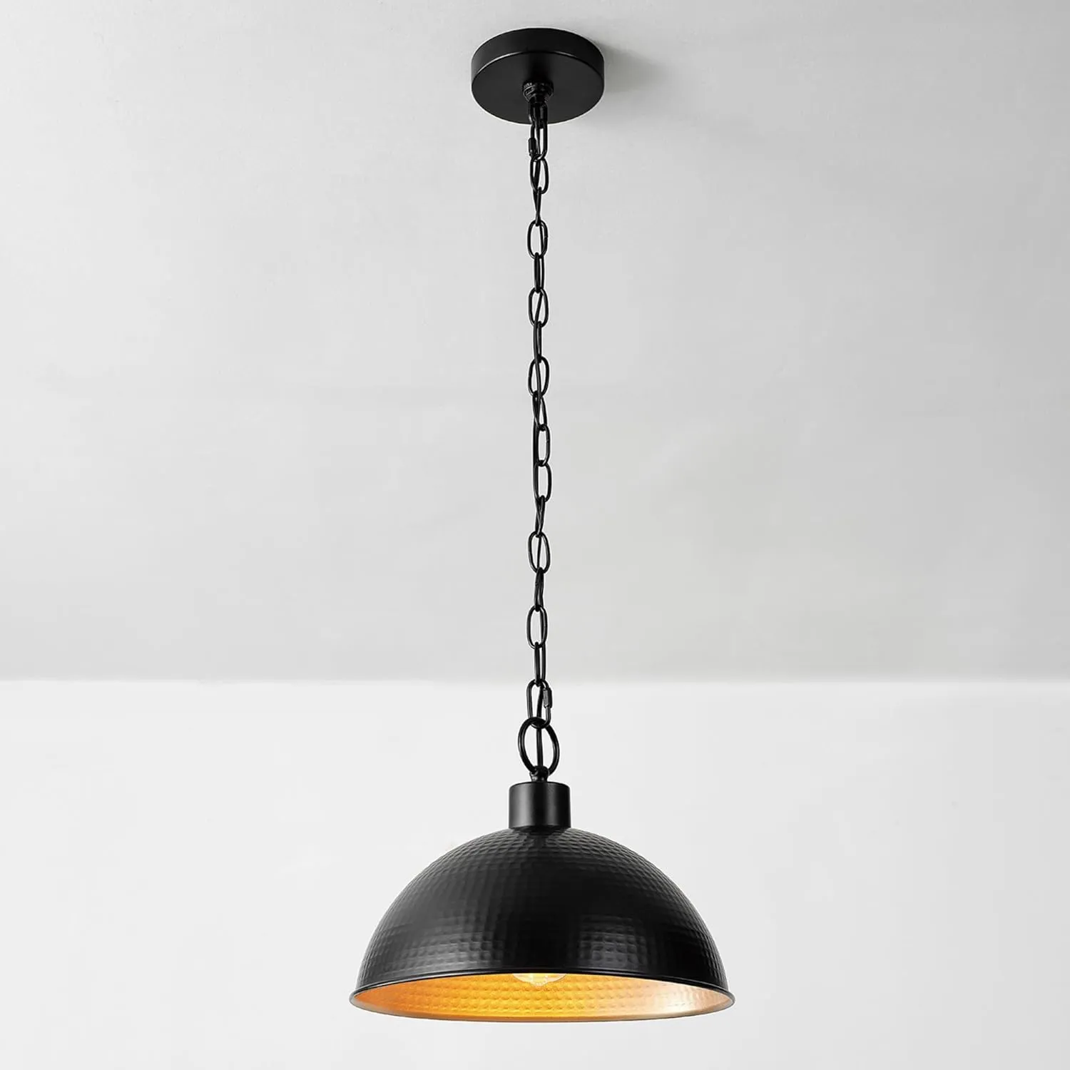 GLOBE Electric 67000100 1-Light Pendant Light, Weathered Black Finish, Hammered Metal Shade, Gold Interior Shade, Pendant Light Fixture, Kitchen Island, Adjustable Height, Home Décor Lighting