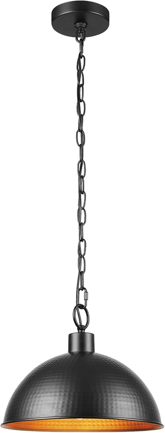 GLOBE Electric 67000100 1-Light Pendant Light, Weathered Black Finish, Hammered Metal Shade, Gold Interior Shade, Pendant Light Fixture, Kitchen Island, Adjustable Height, Home Décor Lighting