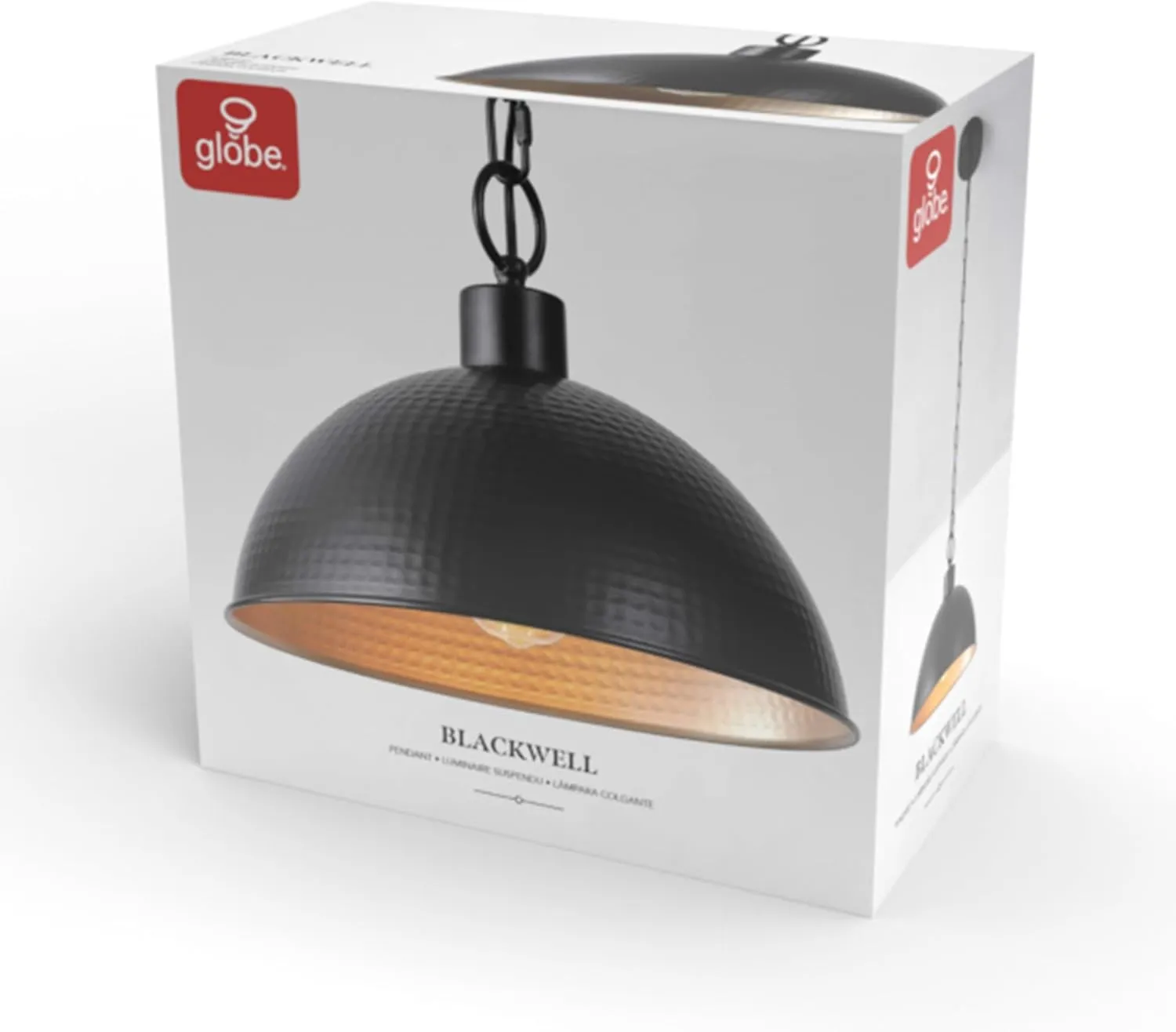 GLOBE Electric 67000100 1-Light Pendant Light, Weathered Black Finish, Hammered Metal Shade, Gold Interior Shade, Pendant Light Fixture, Kitchen Island, Adjustable Height, Home Décor Lighting