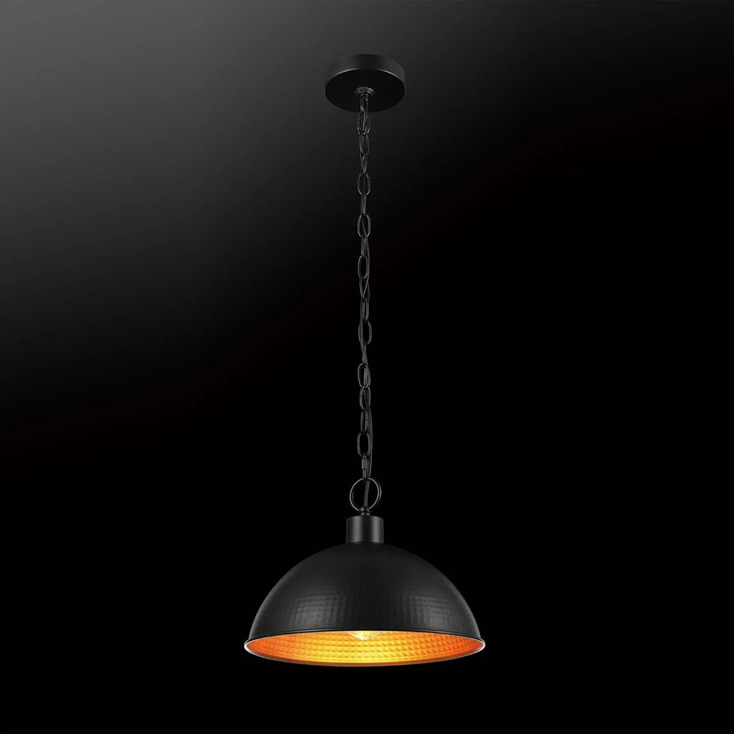 GLOBE Electric 67000100 1-Light Pendant Light, Weathered Black Finish, Hammered Metal Shade, Gold Interior Shade, Pendant Light Fixture, Kitchen Island, Adjustable Height, Home Décor Lighting