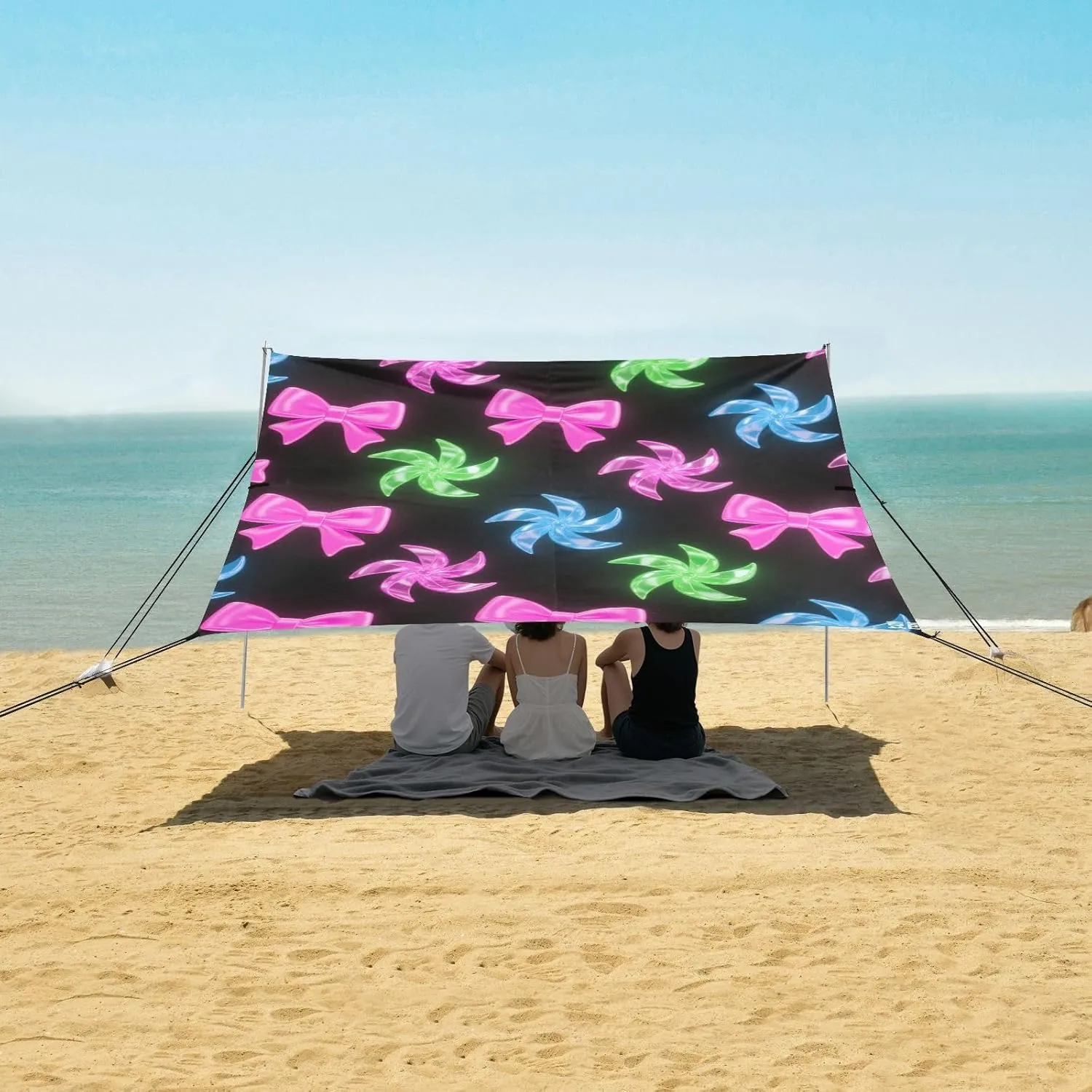 Glossy Shining Bows Windmill Beach Canopy Tent Anti-UV & Wind Resistant, Camping Sun Shelter Easy Setup Portable,Outdoor Shade Tents with Sandbags,Sand Shovels,Ground Pegs & Stability Poles