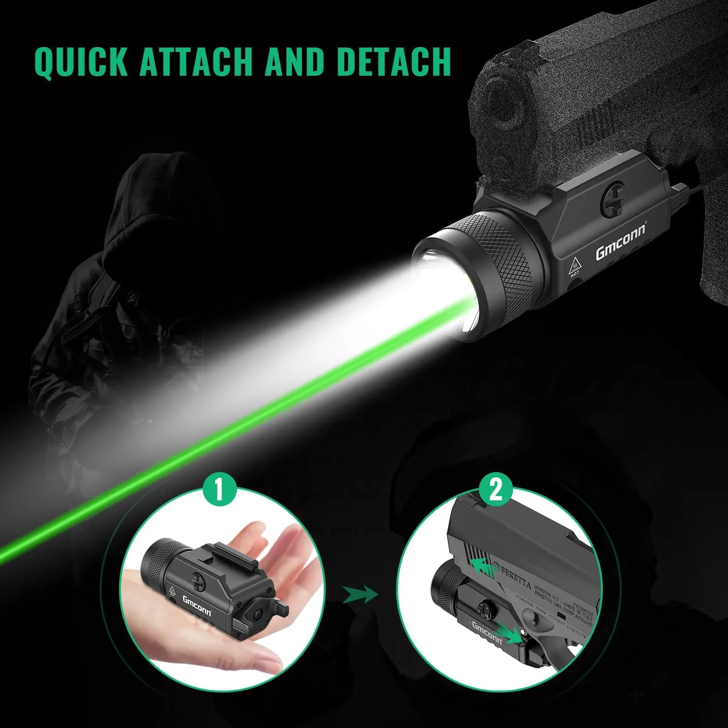 Gmconn 1250 Lumen Tactical Flashlight Green Laser Light Combo, Rechargeable Pistol Light with Strobe/Momentary Compatible with Picatinny