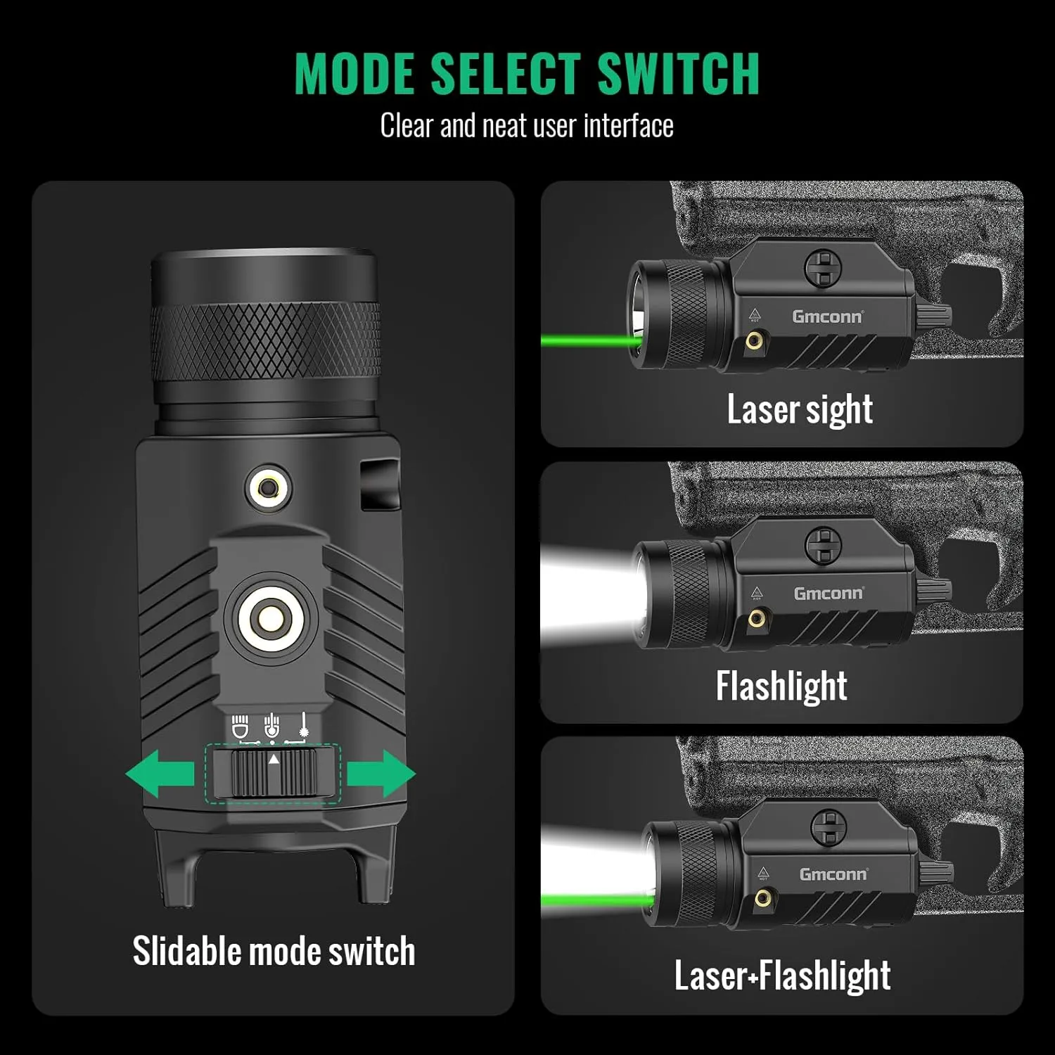 Gmconn 1250 Lumen Tactical Flashlight Green Laser Light Combo, Rechargeable Pistol Light with Strobe/Momentary Compatible with Picatinny