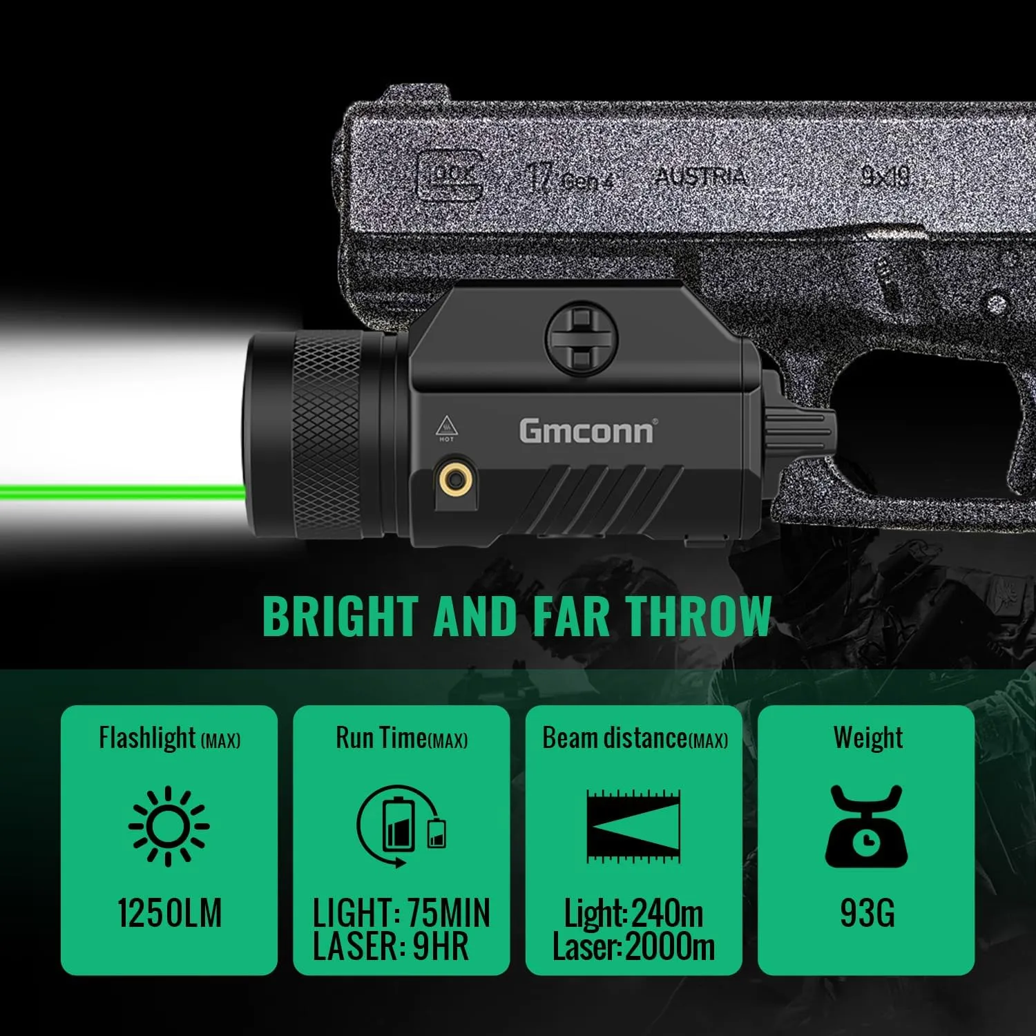 Gmconn 1250 Lumen Tactical Flashlight Green Laser Light Combo, Rechargeable Pistol Light with Strobe/Momentary Compatible with Picatinny