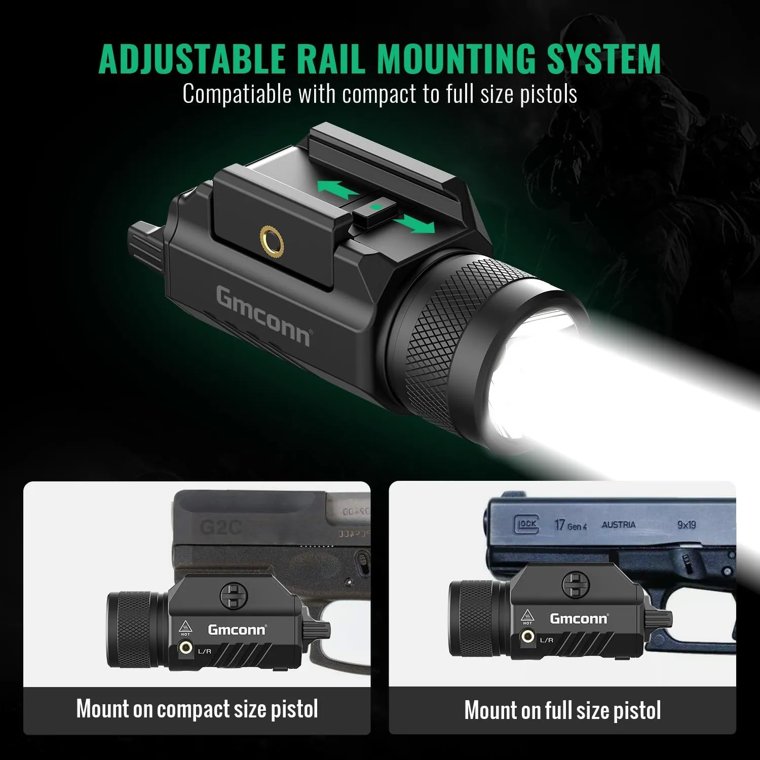 Gmconn 1250 Lumen Tactical Flashlight Green Laser Light Combo, Rechargeable Pistol Light with Strobe/Momentary Compatible with Picatinny
