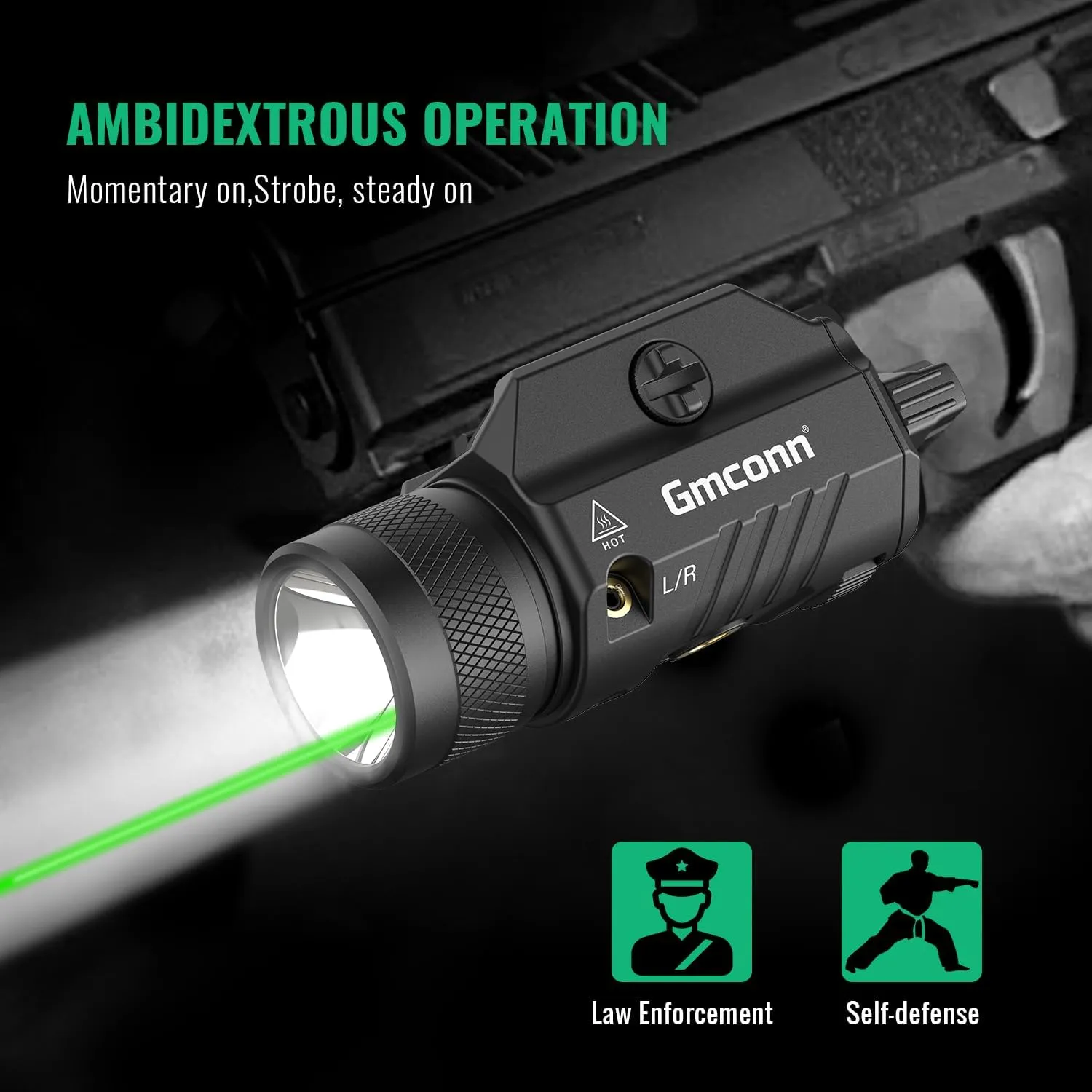 Gmconn 1250 Lumen Tactical Flashlight Green Laser Light Combo, Rechargeable Pistol Light with Strobe/Momentary Compatible with Picatinny