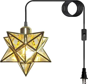Gold Moravian Star Hanging Light with 16.5ft Plug-in Cord,Farmhouse Star Pendant Light Fixture with Switch,Indoor Decorative Ceiling Light for Bedroom Kitchen Island Porch Etc(LED Bulb Include)