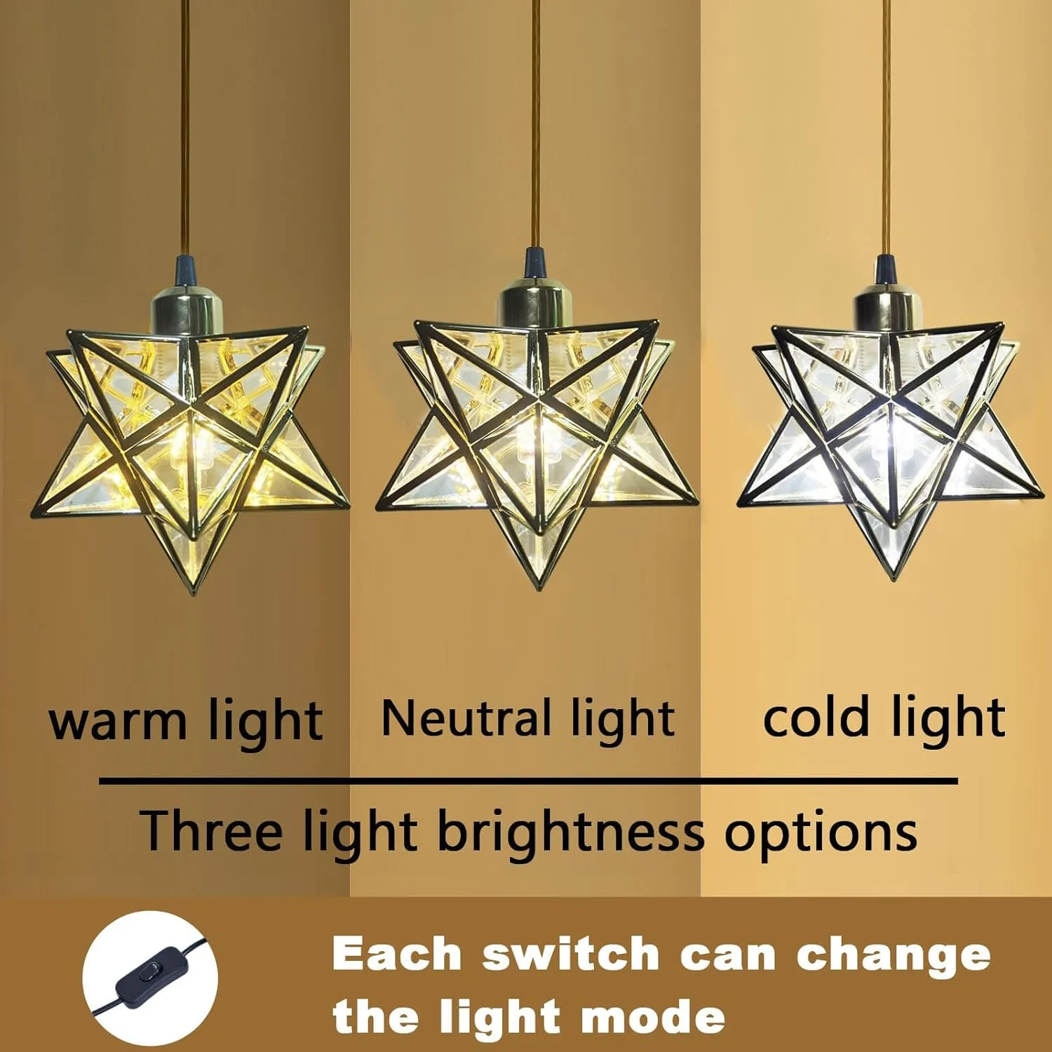 Gold Moravian Star Hanging Light with 16.5ft Plug-in Cord,Farmhouse Star Pendant Light Fixture with Switch,Indoor Decorative Ceiling Light for Bedroom Kitchen Island Porch Etc(LED Bulb Include)