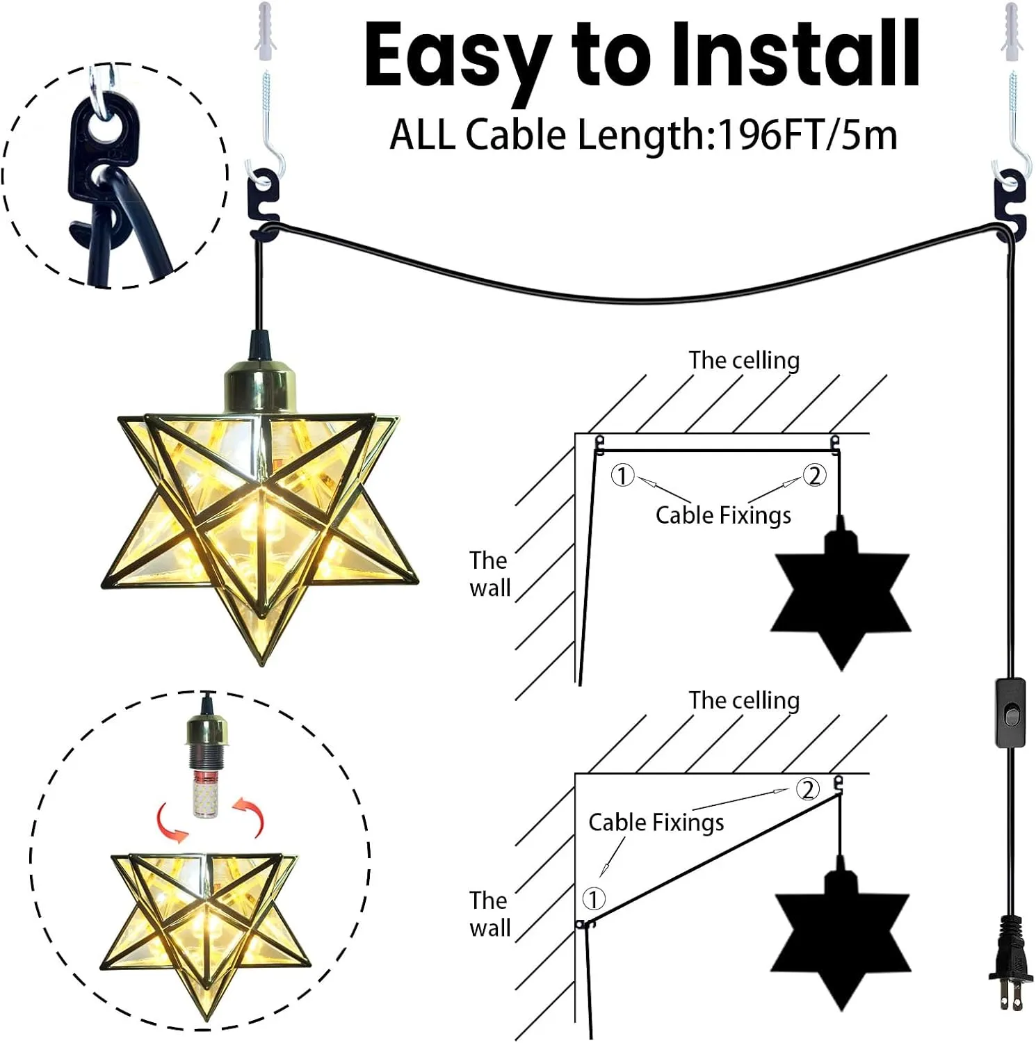 Gold Moravian Star Hanging Light with 16.5ft Plug-in Cord,Farmhouse Star Pendant Light Fixture with Switch,Indoor Decorative Ceiling Light for Bedroom Kitchen Island Porch Etc(LED Bulb Include)