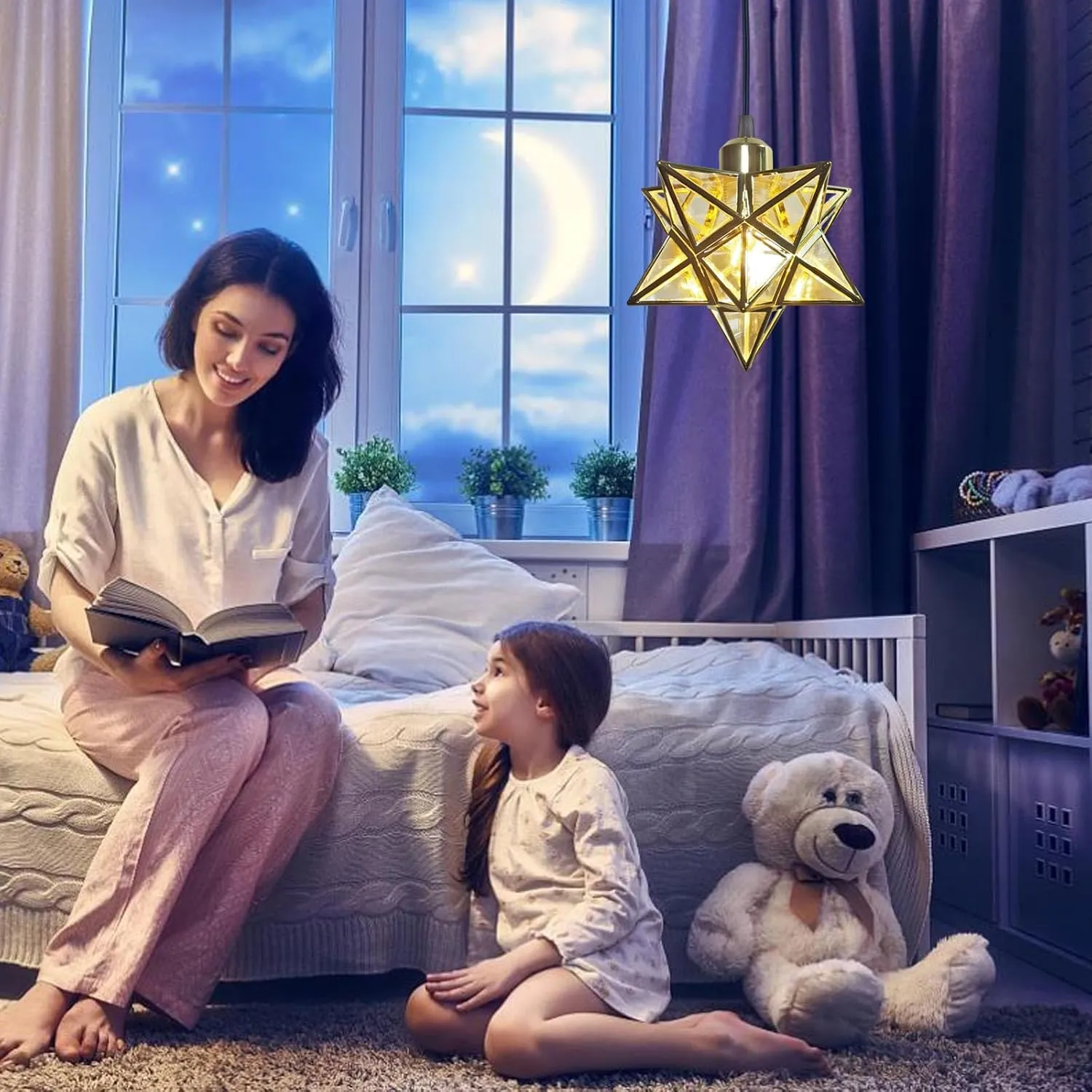 Gold Moravian Star Hanging Light with 16.5ft Plug-in Cord,Farmhouse Star Pendant Light Fixture with Switch,Indoor Decorative Ceiling Light for Bedroom Kitchen Island Porch Etc(LED Bulb Include)