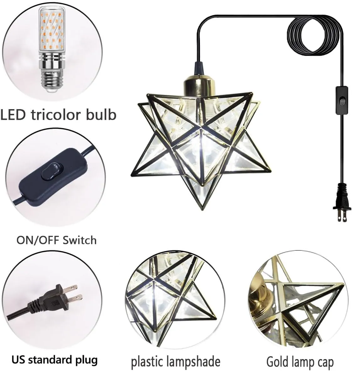 Gold Moravian Star Hanging Light with 16.5ft Plug-in Cord,Farmhouse Star Pendant Light Fixture with Switch,Indoor Decorative Ceiling Light for Bedroom Kitchen Island Porch Etc(LED Bulb Include)