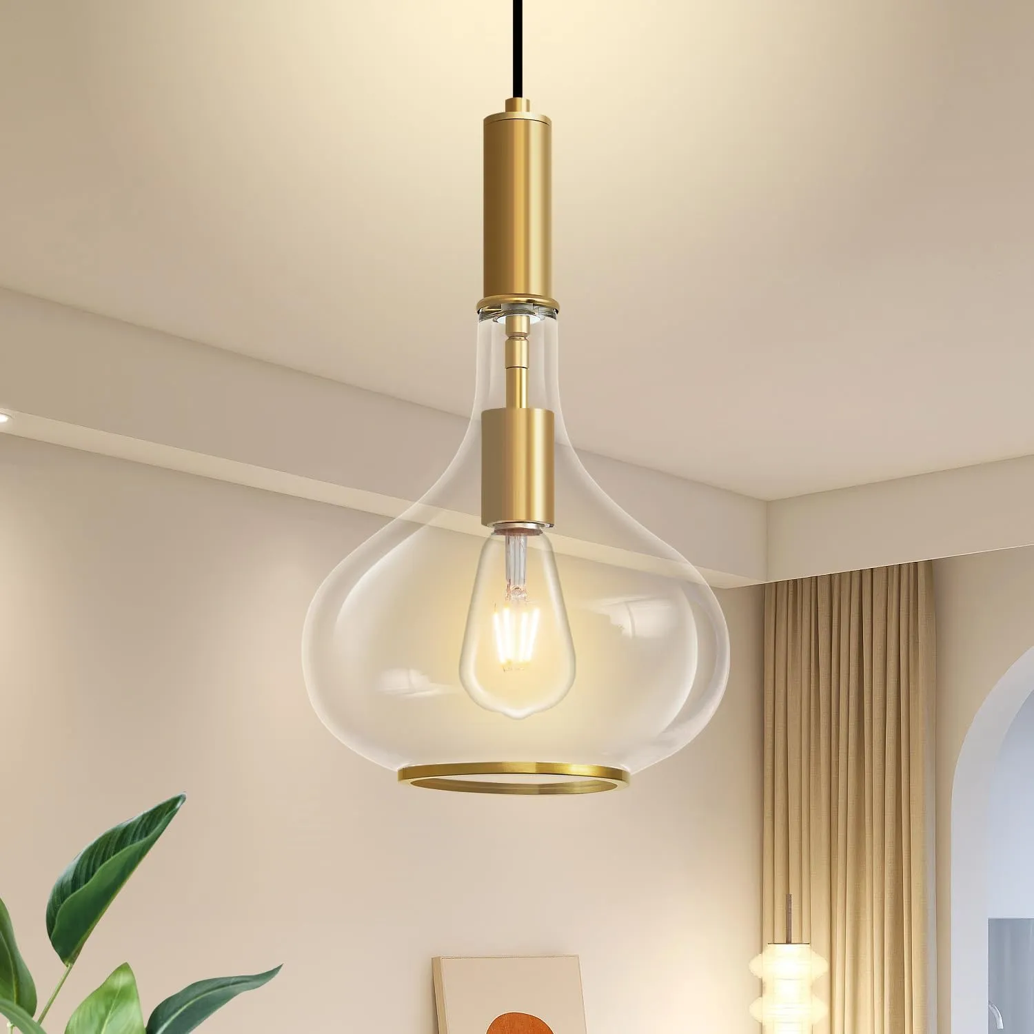 Gold Pendant Light Fixtures, Pendant Lights Kitchen Island with Clear Glass, 1 Light Hanging Ceiling Lights for Kitchen Island, Dining Room, Bedroom, Hallway, Farmhouse