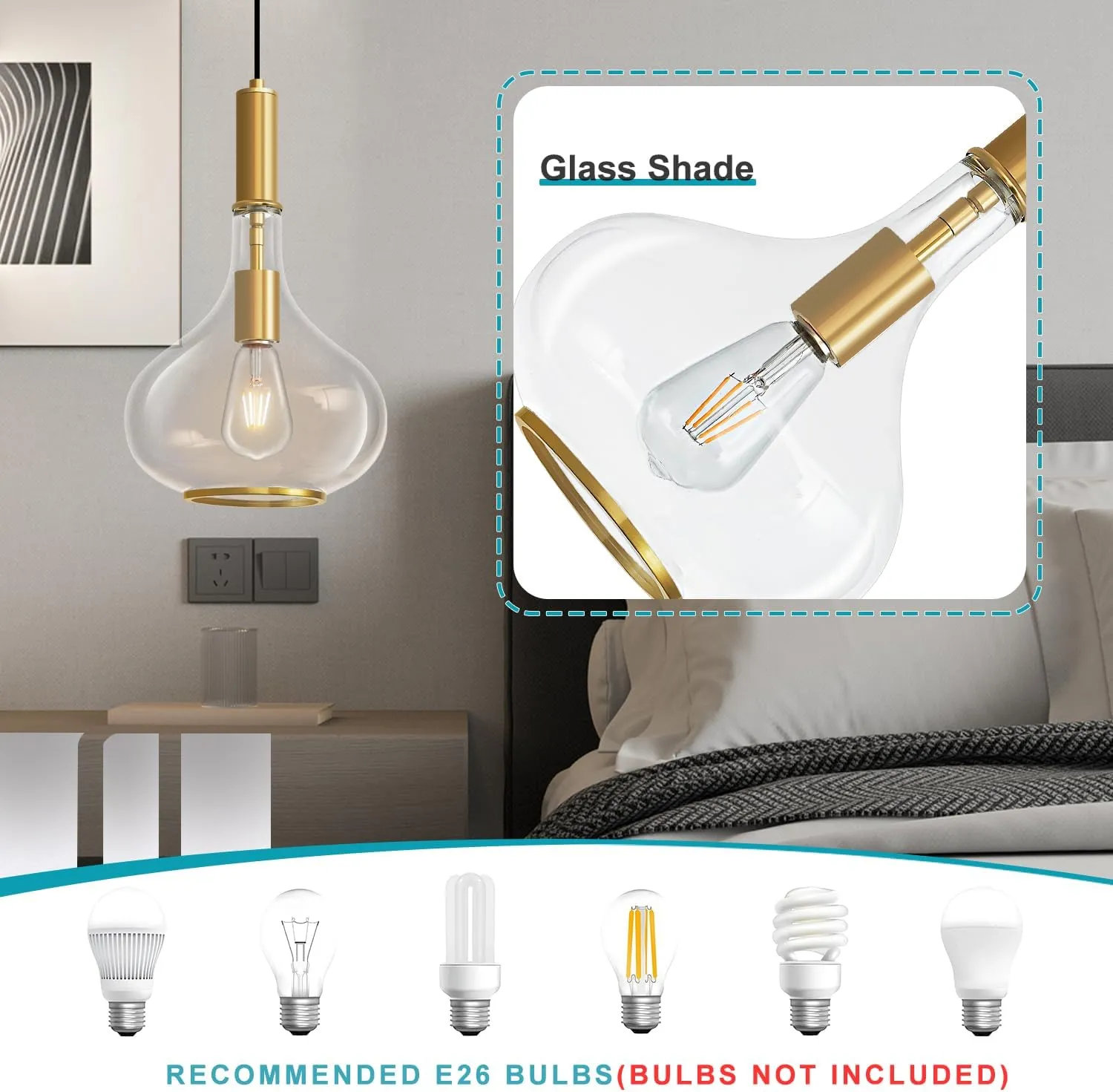Gold Pendant Light Fixtures, Pendant Lights Kitchen Island with Clear Glass, 1 Light Hanging Ceiling Lights for Kitchen Island, Dining Room, Bedroom, Hallway, Farmhouse